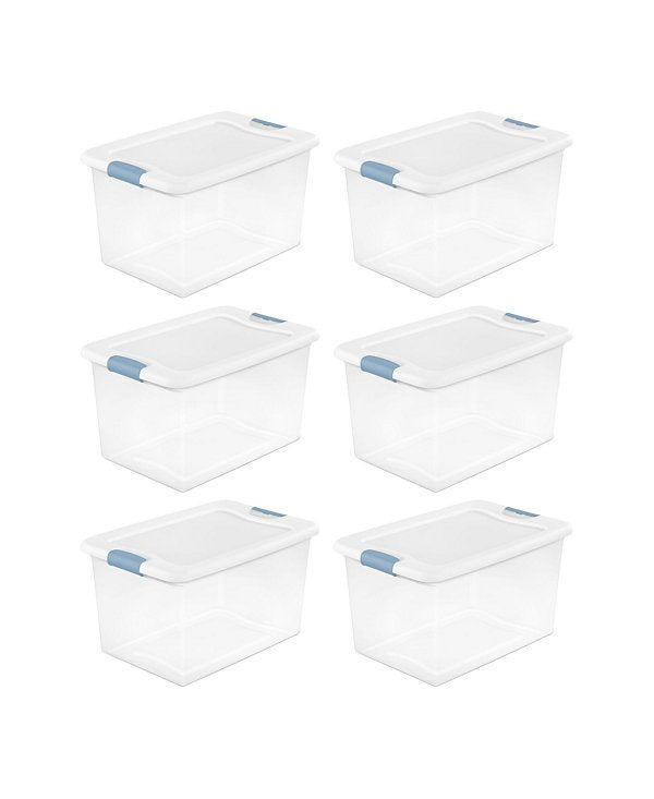 64 Qt Clear Plastic Stackable Storage Bin w/ White Latch Lid, (6 Pack)
