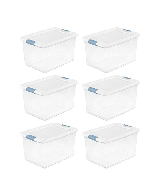 64 Qt Clear Plastic Stackable Storage Bin w/ White Latch Lid, (6 Pack)