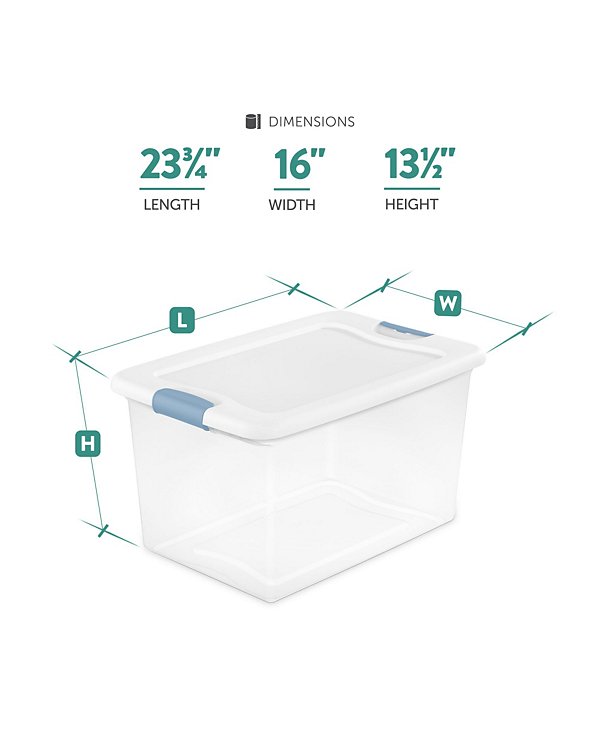 64 Qt Clear Plastic Stackable Storage Bin w/ White Latch Lid, (6 Pack)