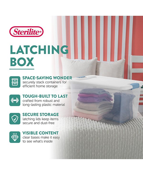 64 Qt Clear Plastic Stackable Storage Bin w/ White Latch Lid, (6 Pack)